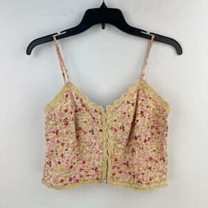 Vtg Anchor Blue Cami Top M Pink Orange Floral Hook Eye Front Smocked‎ Y2K Grunge